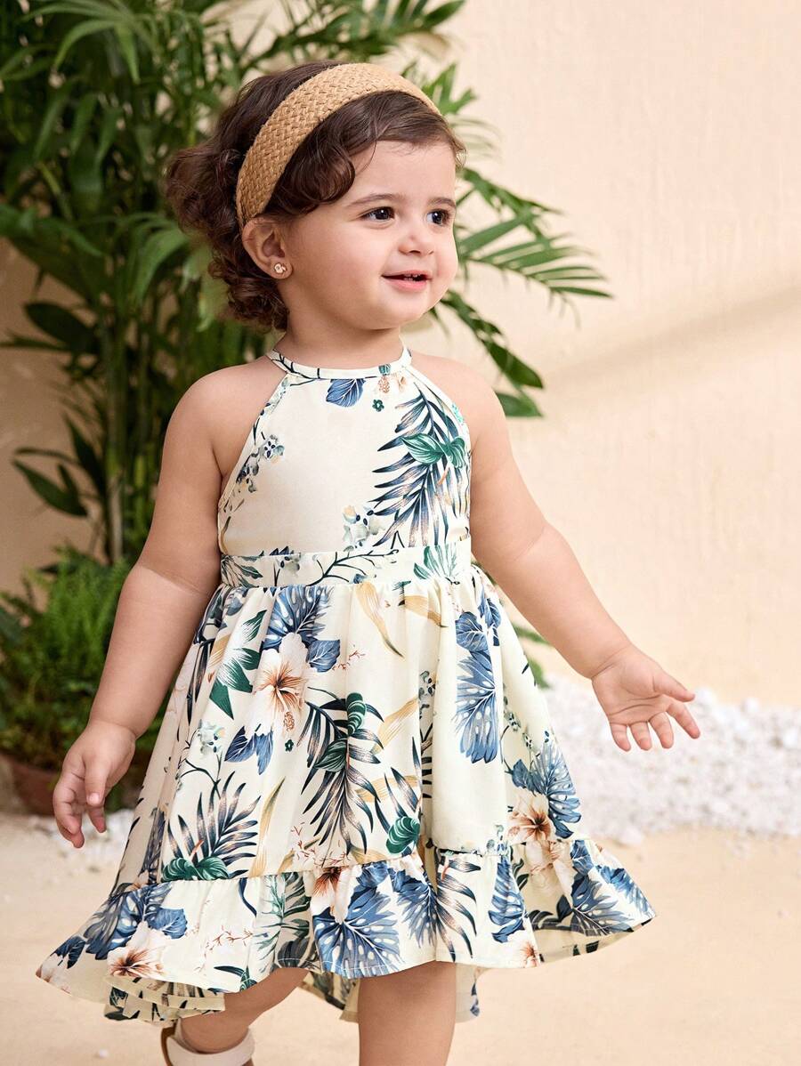Little Girls Tropical Halter Sundress With High Low Hem Beach Vacation Wear