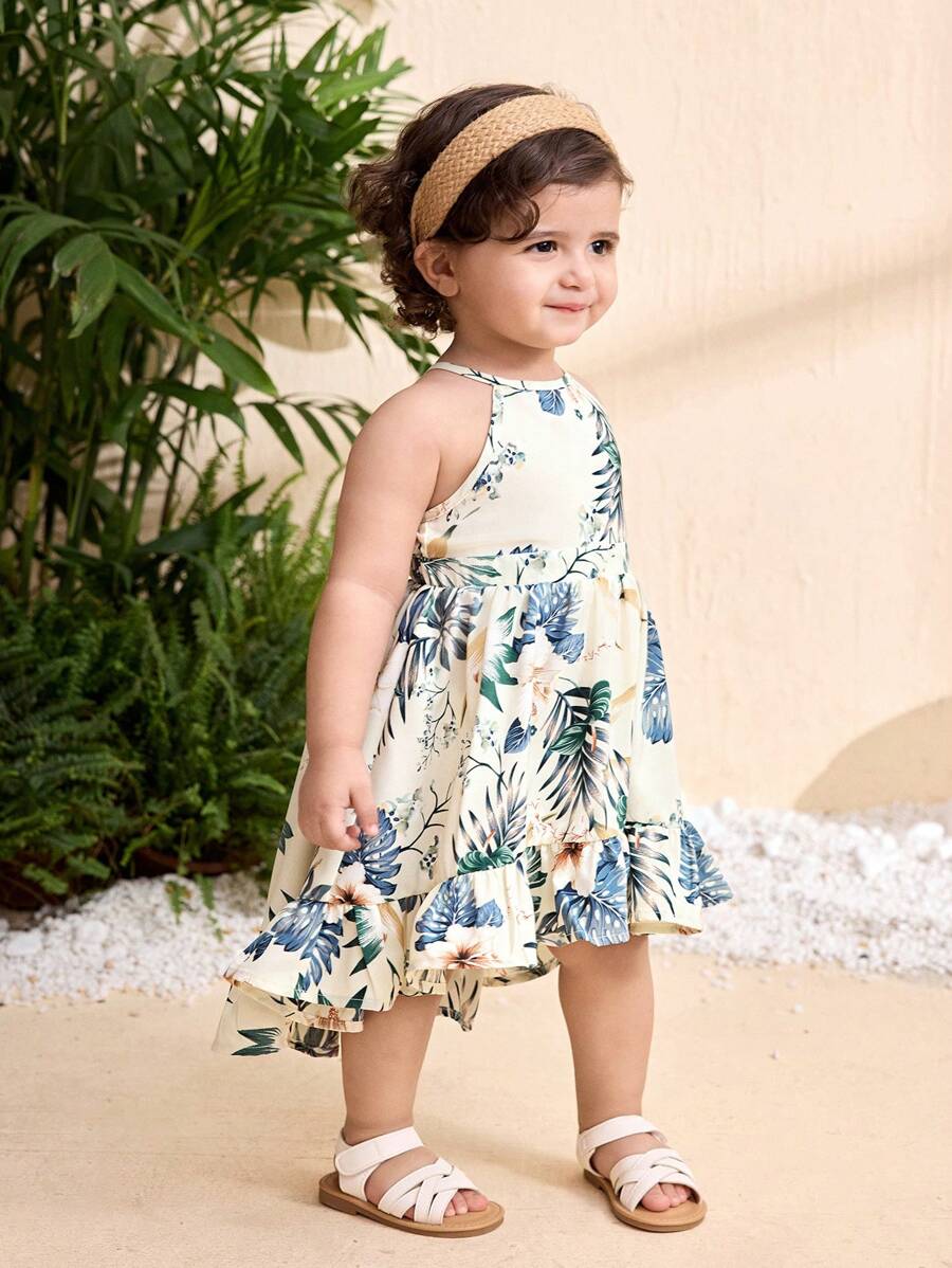 Little Girls Tropical Halter Sundress With High Low Hem Beach Vacation Wear