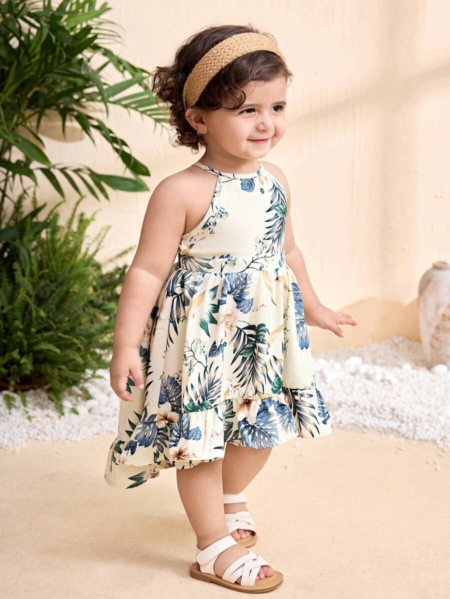 Little Girls Tropical Halter Sundress With High Low Hem Beach Vacation Wear