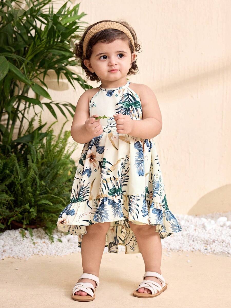 Little Girls Tropical Halter Sundress With High Low Hem Beach Vacation Wear