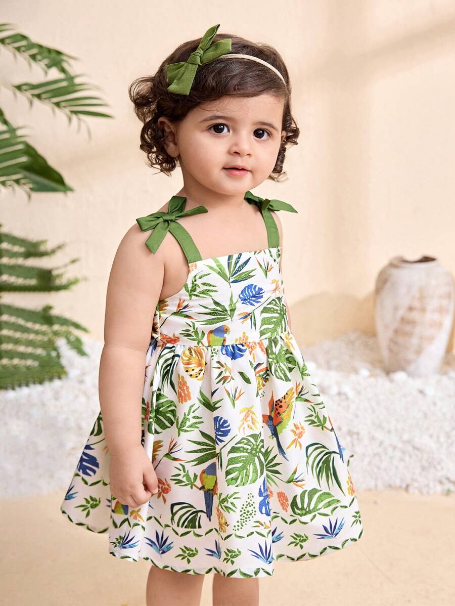 Little Girls Floral Print Sleeveless Dress With Bow Tie Waist Cute Summer Outfit