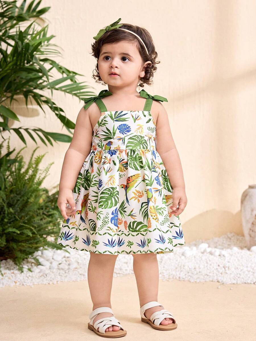 Little Girls Floral Print Sleeveless Dress With Bow Tie Waist Cute Summer Outfit