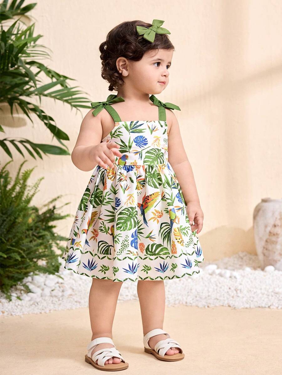 Little Girls Floral Print Sleeveless Dress With Bow Tie Waist Cute Summer Outfit