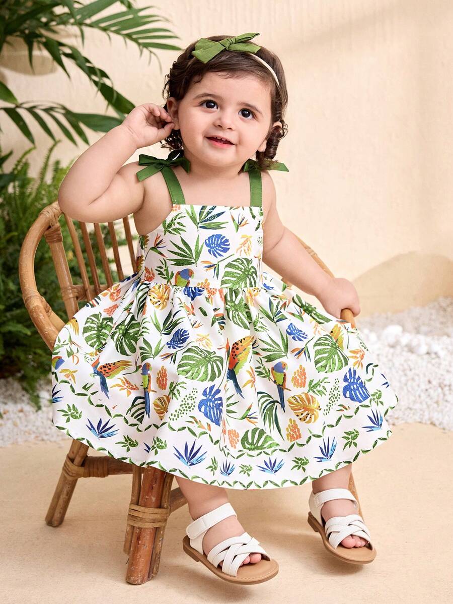 Little Girls Floral Print Sleeveless Dress With Bow Tie Waist Cute Summer Outfit