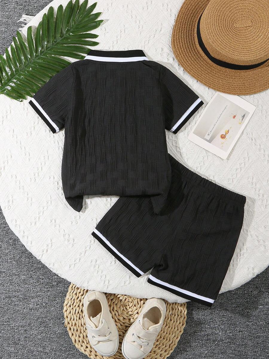 Stylish Baby Boy Solid Color Jacquard Top and Matching Shorts Summer Set