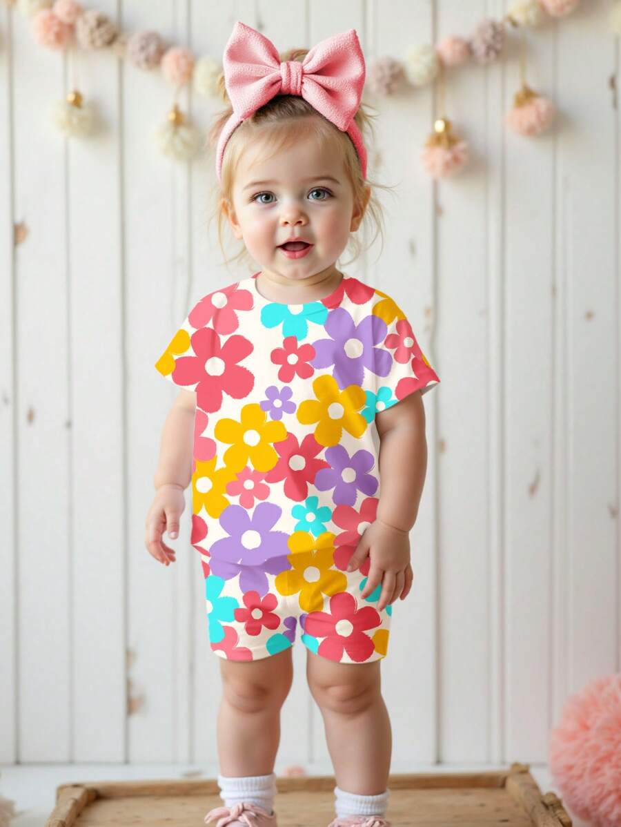 Cute Short Sleeve Clothing Set For Little Girls Flower Print Leggings Style