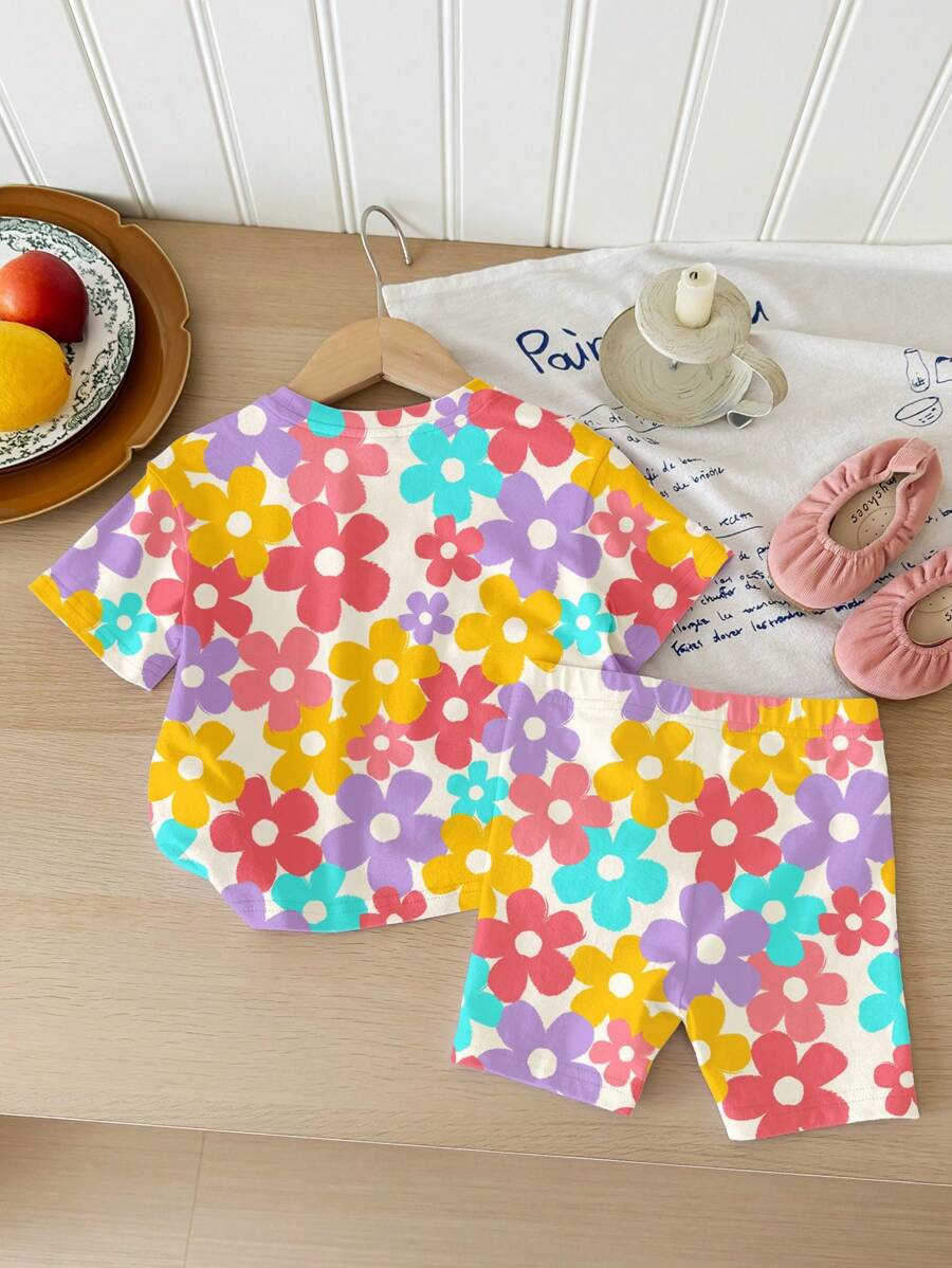 Cute Short Sleeve Clothing Set For Little Girls Flower Print Leggings Style