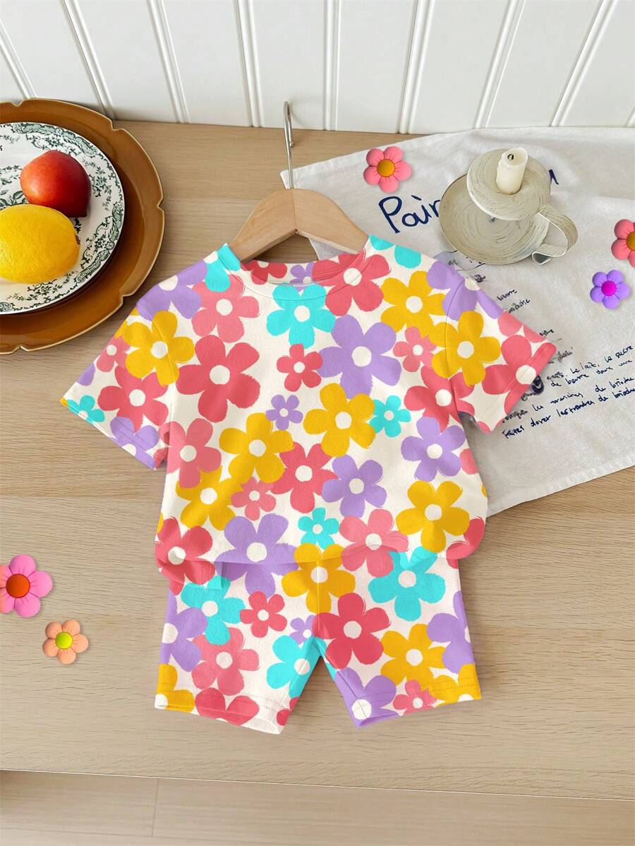 Cute Short Sleeve Clothing Set For Little Girls Flower Print Leggings Style