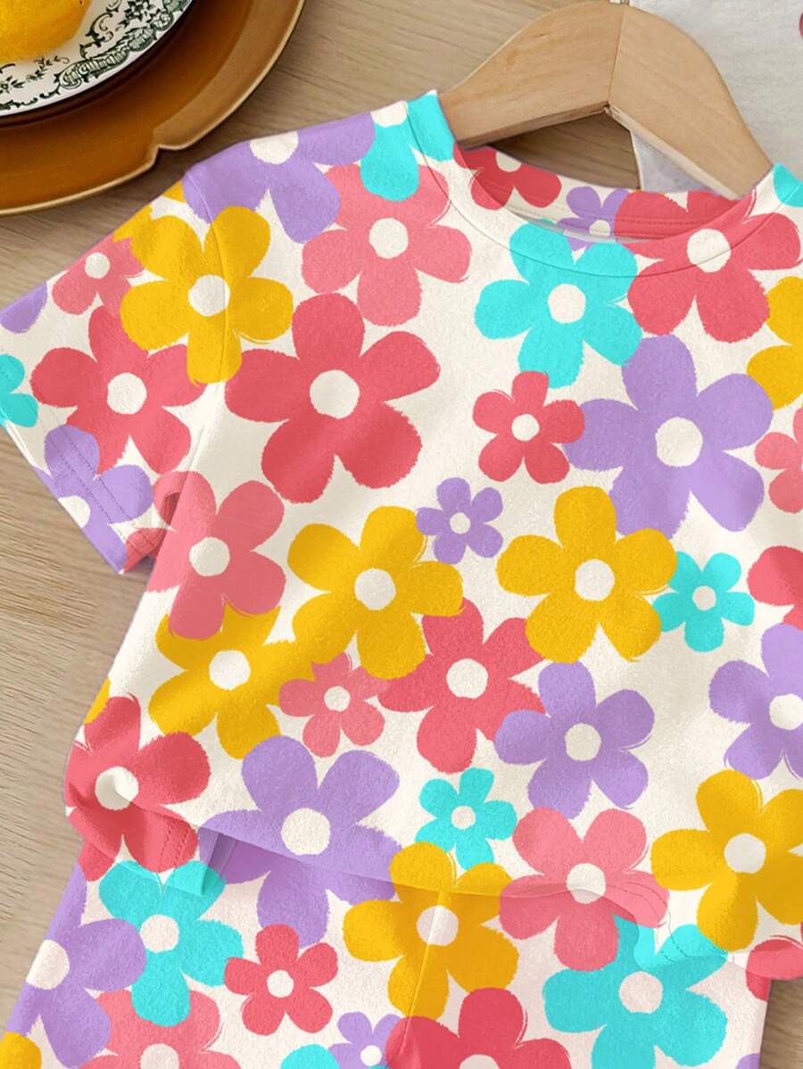 Cute Short Sleeve Clothing Set For Little Girls Flower Print Leggings Style