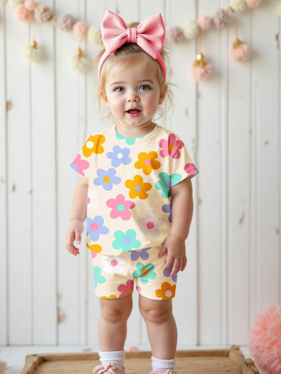 Cute Short Sleeve Clothing Set For Little Girls Flower Print Leggings Style