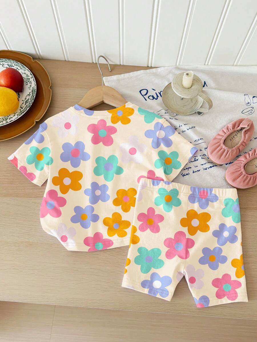 Cute Short Sleeve Clothing Set For Little Girls Flower Print Leggings Style