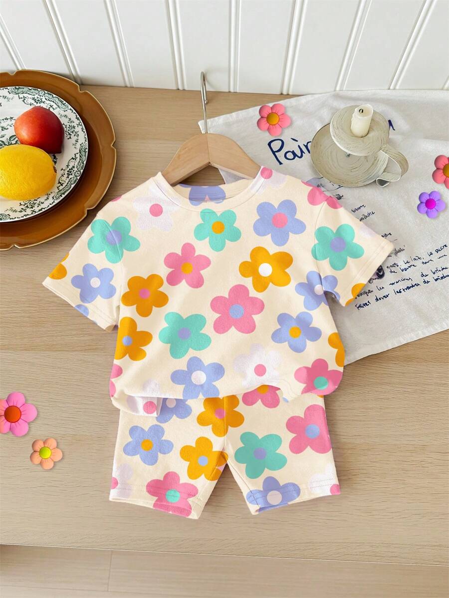 Cute Short Sleeve Clothing Set For Little Girls Flower Print Leggings Style