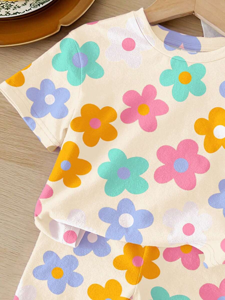 Cute Short Sleeve Clothing Set For Little Girls Flower Print Leggings Style