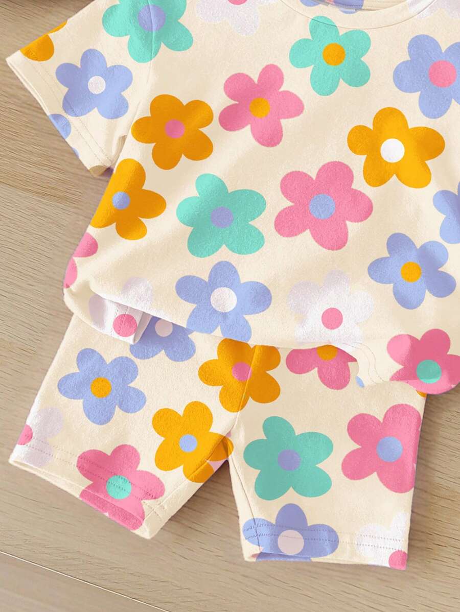 Cute Short Sleeve Clothing Set For Little Girls Flower Print Leggings Style