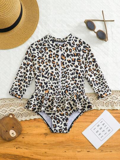 Leopard Print One Piece Swimsuit For Baby Girls With Ruffle Trim Beachwear