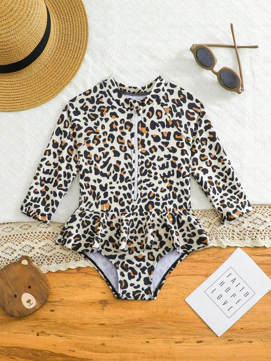 Leopard Print One Piece Swimsuit For Baby Girls With Ruffle Trim Beachwear