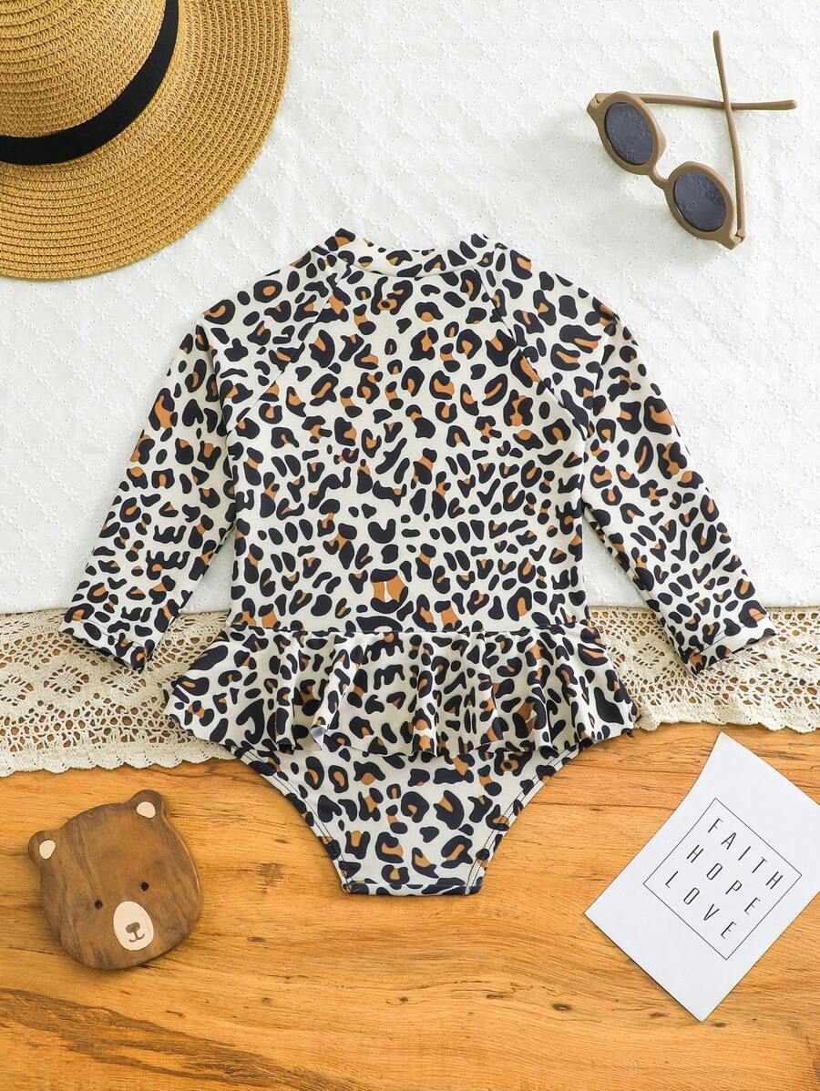 Leopard Print One Piece Swimsuit For Baby Girls With Ruffle Trim Beachwear