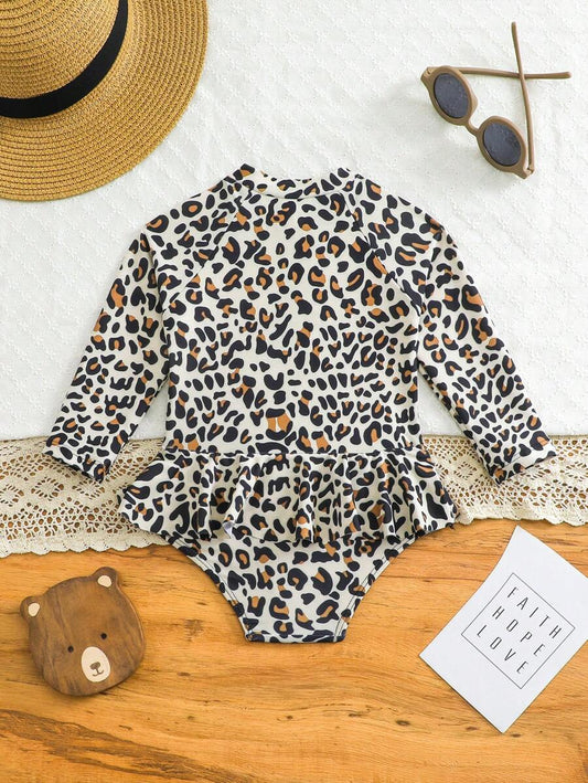 Leopard Print One Piece Swimsuit For Baby Girls With Ruffle Trim Beachwear
