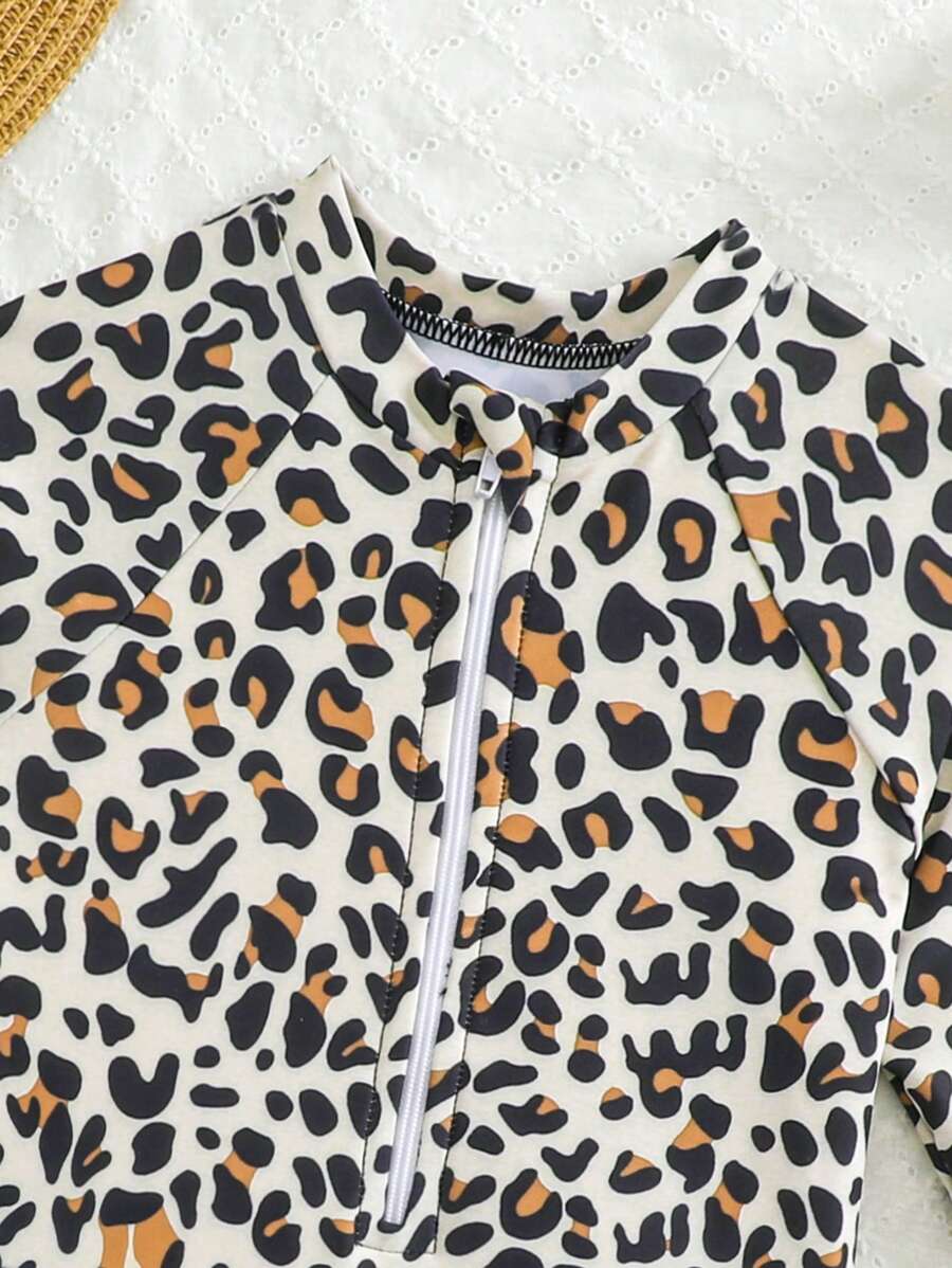 Leopard Print One Piece Swimsuit For Baby Girls With Ruffle Trim Beachwear