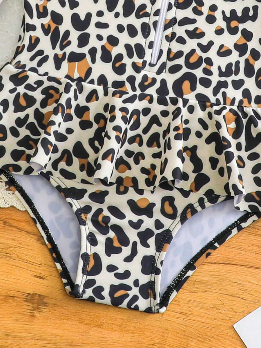 Leopard Print One Piece Swimsuit For Baby Girls With Ruffle Trim Beachwear