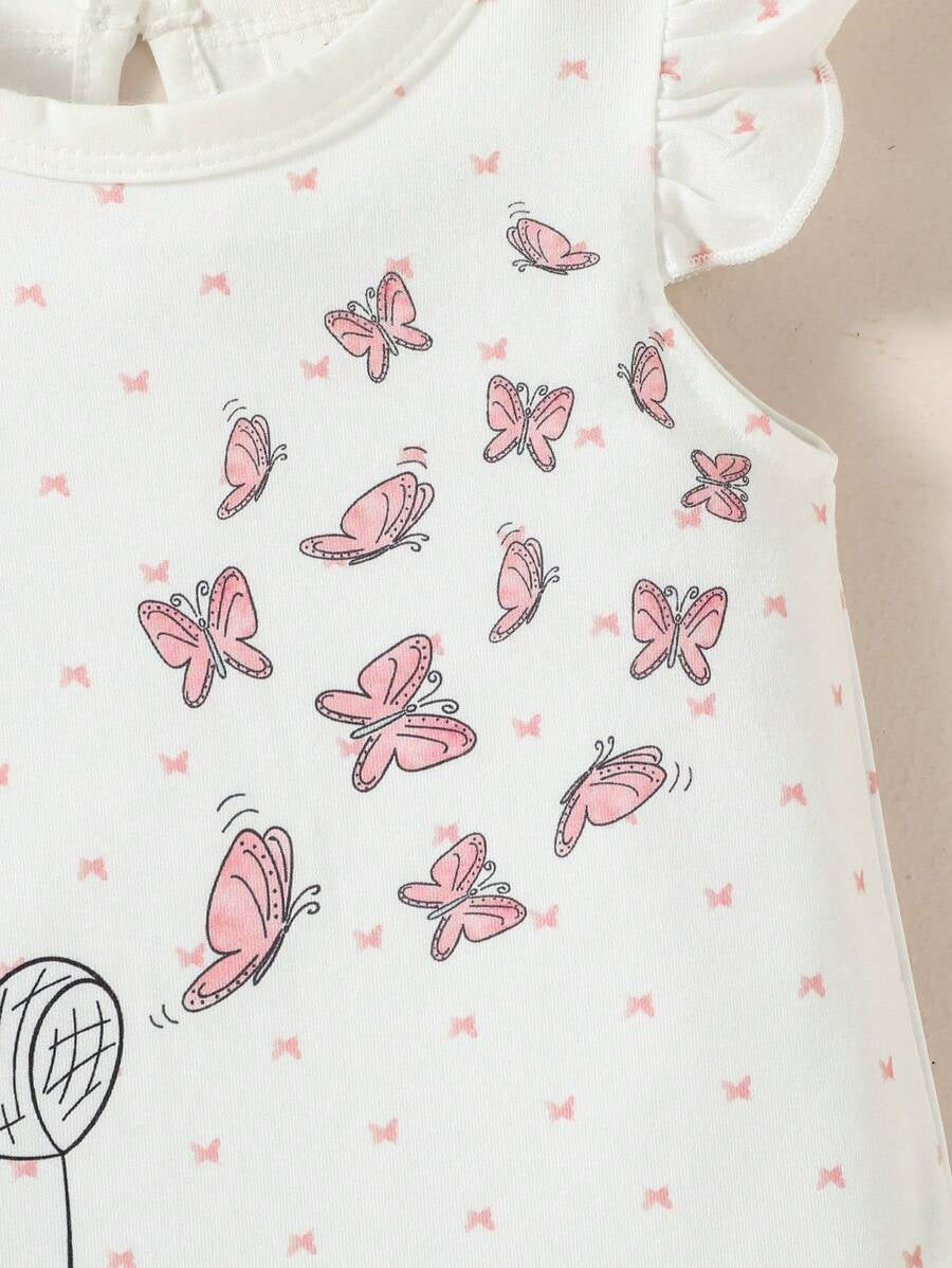 Infant Girl Animal Print Romper - Rabbit & Butterfly Ruffle Trim Outfit