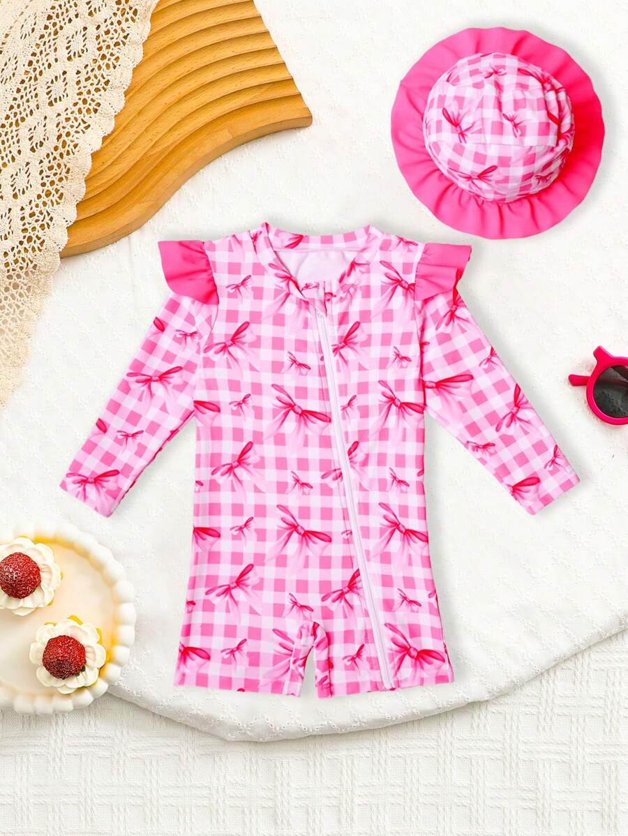 Baby Girl Strawberry Ruffle Swimsuit Set with Sun Hat