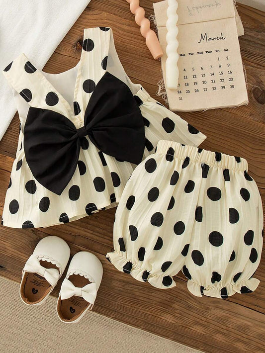 Back Bow Vacation Outfit For Toddler Girls Polka Dot Casual Wear