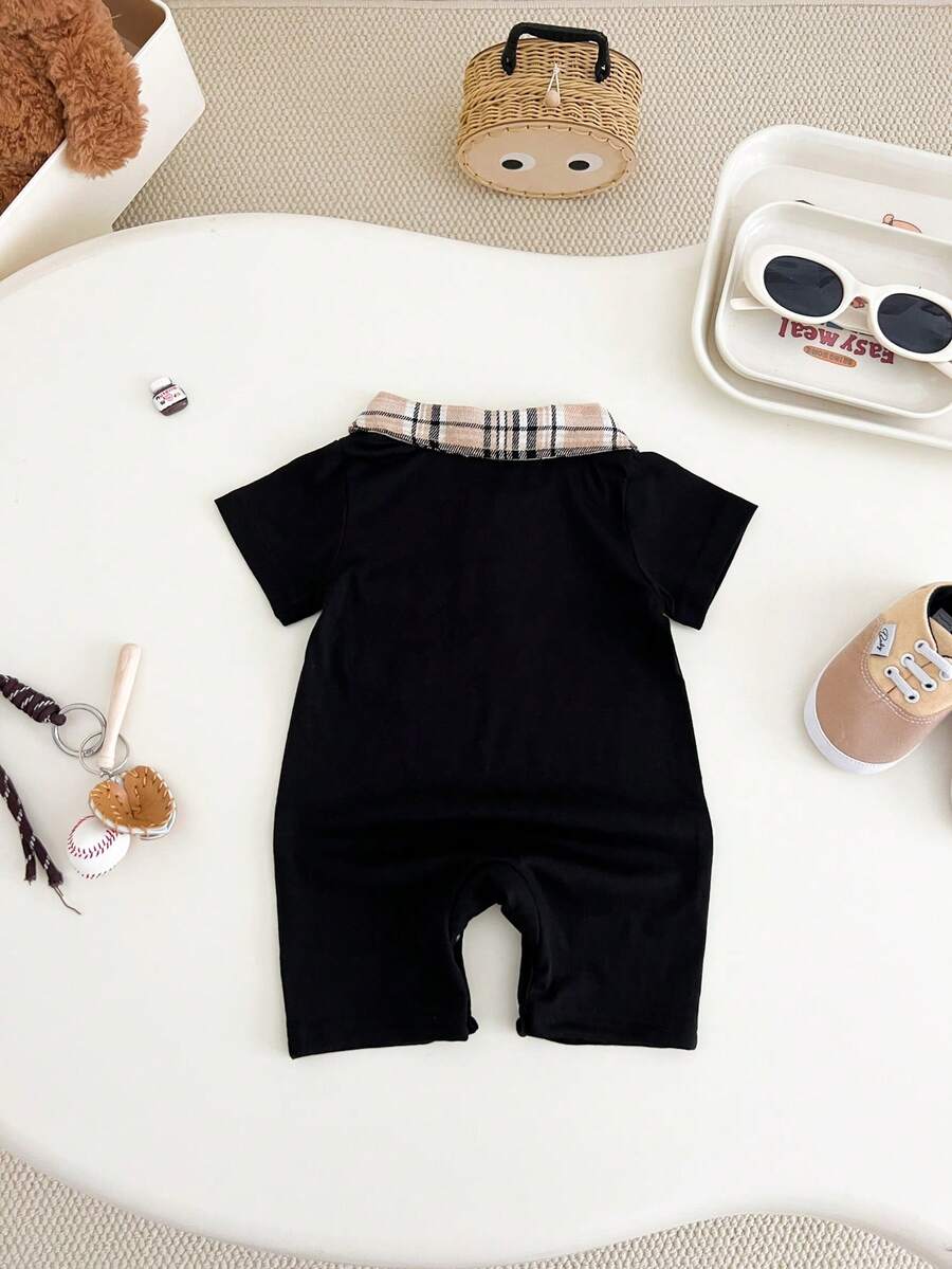 Newborn Baby Boy Plaid Texture Polo Short Sleeve Jumpsuit Casual Summer Outfit for Daily Wear