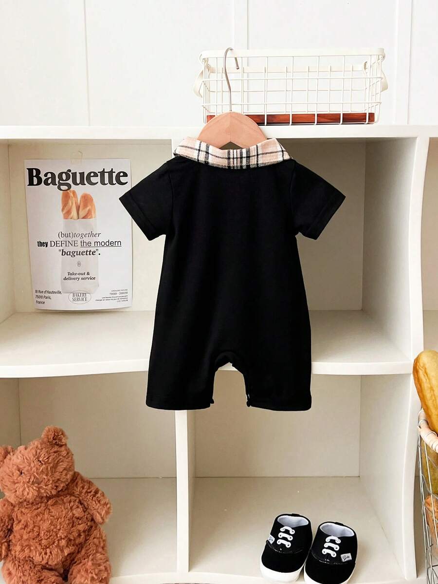Newborn Baby Boy Plaid Texture Polo Short Sleeve Jumpsuit Casual Summer Outfit for Daily Wear