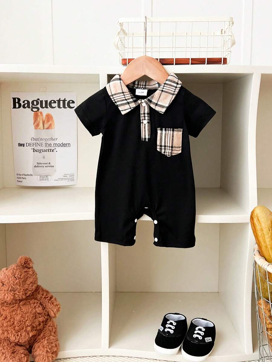 Newborn Baby Boy Plaid Texture Polo Short Sleeve Jumpsuit Casual Summer Outfit for Daily Wear