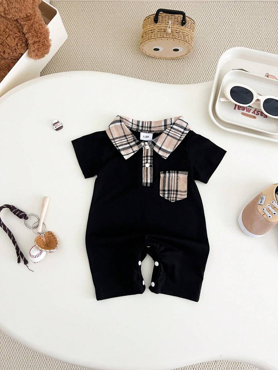 Newborn Baby Boy Plaid Texture Polo Short Sleeve Jumpsuit Casual Summer Outfit for Daily Wear
