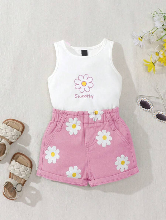 Baby Girl 2-Piece Summer Floral Print Top and Loose Denim Shorts Outfit
