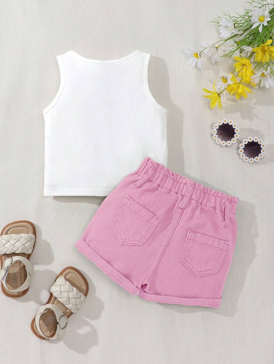 Baby Girl 2-Piece Summer Floral Print Top and Loose Denim Shorts Outfit