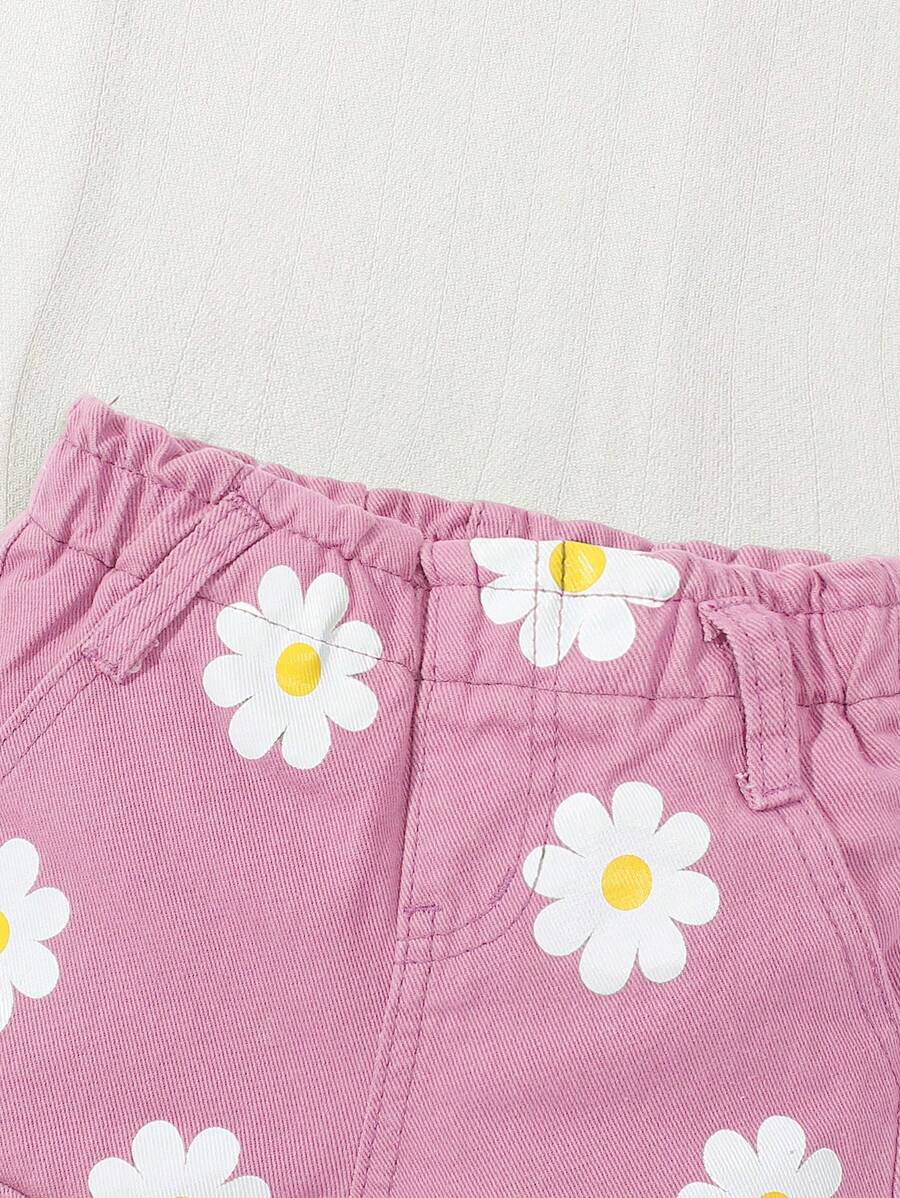Baby Girl 2-Piece Summer Floral Print Top and Loose Denim Shorts Outfit