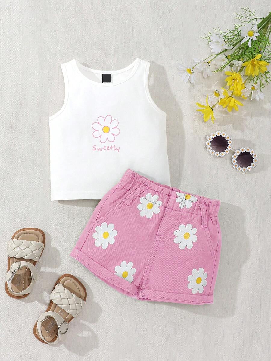 Baby Girl 2-Piece Summer Floral Print Top and Loose Denim Shorts Outfit