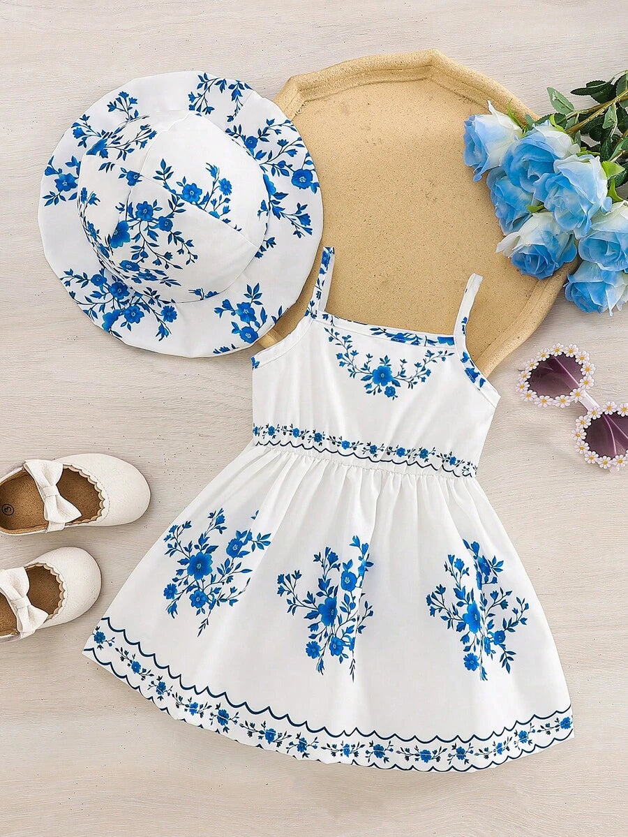 2pcs Baby Girl Floral Print Dress and Hat Set for Spring and Summer Wear
