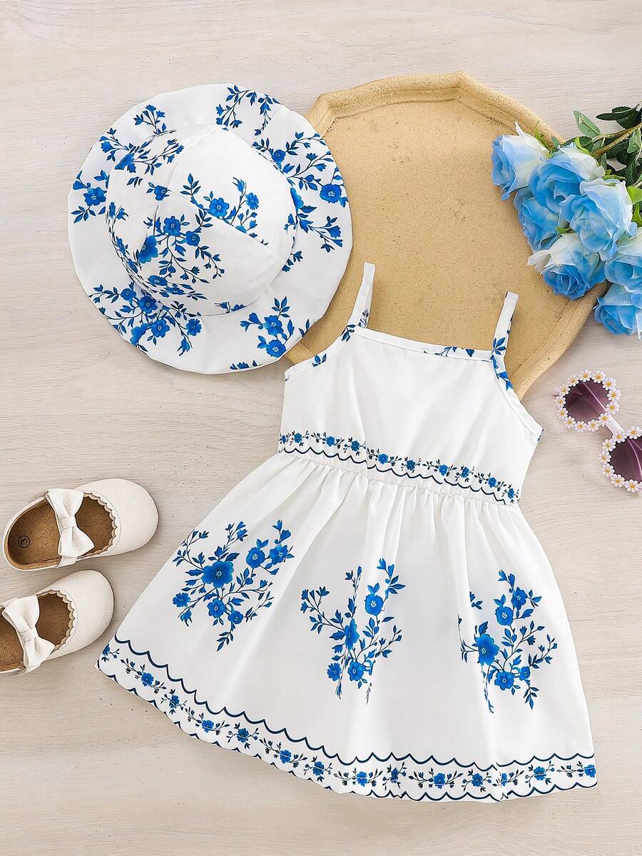 2pcs Baby Girl Floral Print Dress and Hat Set for Spring and Summer Wear