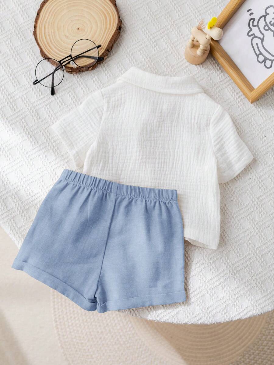 Baby Boy 2pcs Knit Jacquard Summer Set - Short Sleeve Shirt & Elastic Shorts