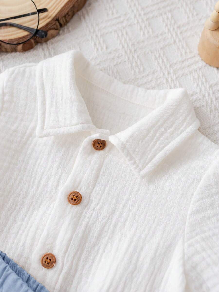 Baby Boy 2pcs Knit Jacquard Summer Set - Short Sleeve Shirt & Elastic Shorts