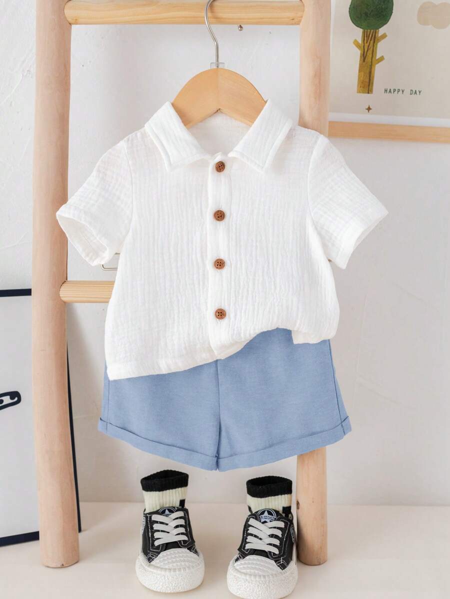 Baby Boy 2pcs Knit Jacquard Summer Set - Short Sleeve Shirt & Elastic Shorts