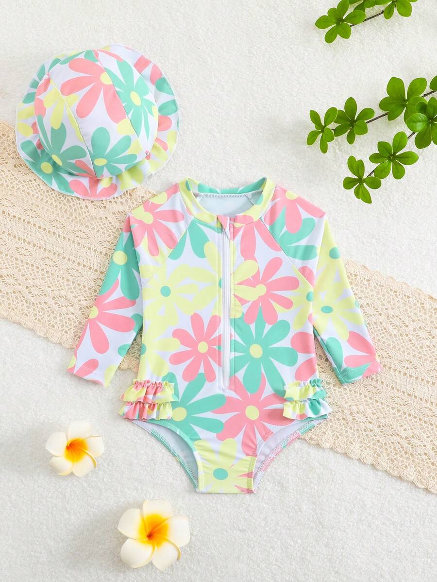 Baby Bow Print Long Sleeve One-Piece Swimsuit Set with Matching Swim Cap