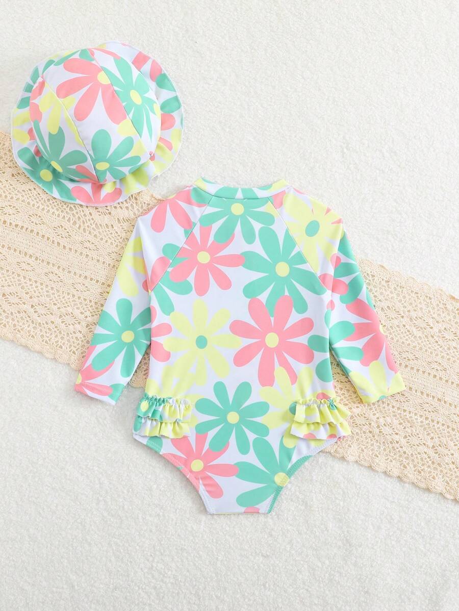 Baby Bow Print Long Sleeve One-Piece Swimsuit Set with Matching Swim Cap