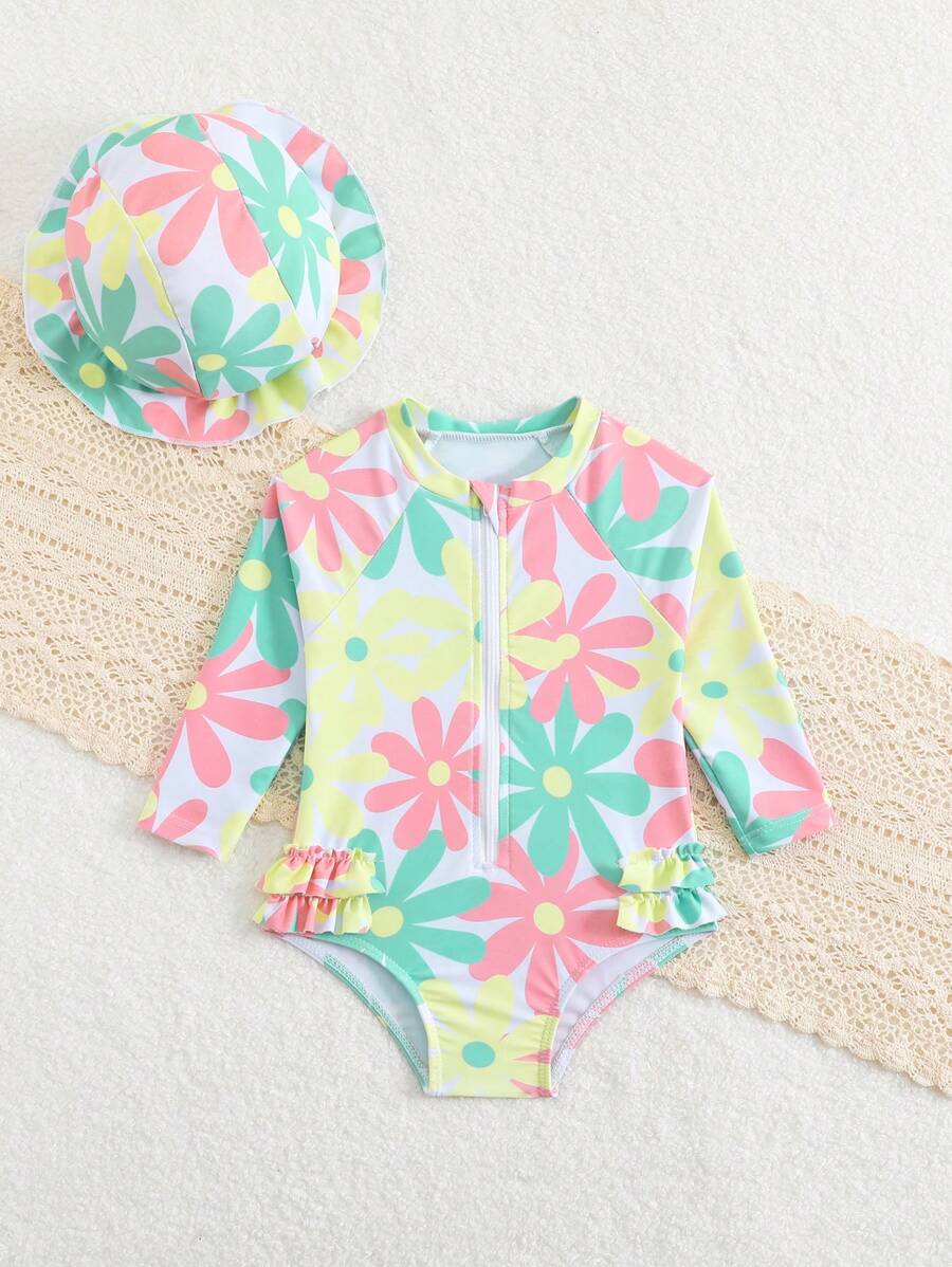 Baby Bow Print Long Sleeve One-Piece Swimsuit Set with Matching Swim Cap
