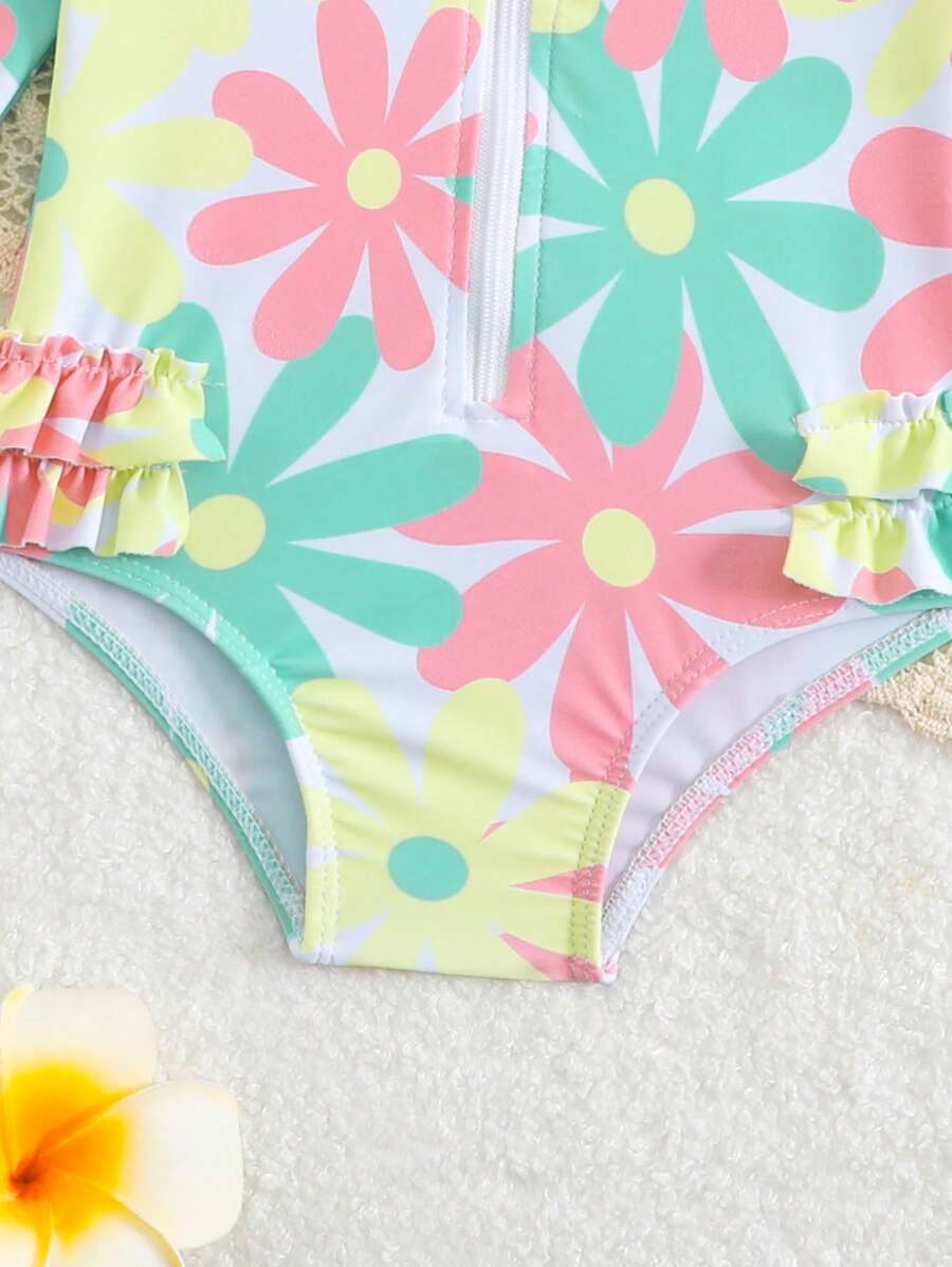 Baby Bow Print Long Sleeve One-Piece Swimsuit Set with Matching Swim Cap