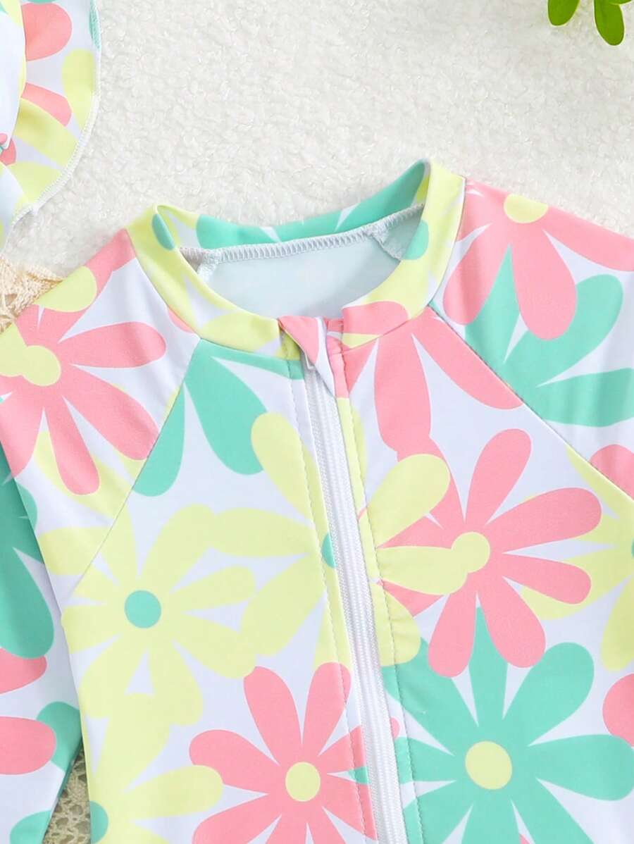 Baby Bow Print Long Sleeve One-Piece Swimsuit Set with Matching Swim Cap