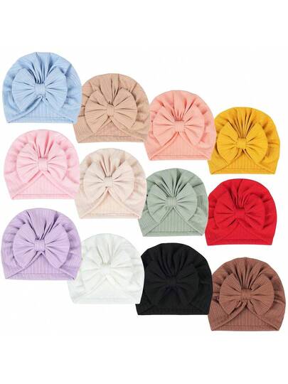 12Pack Big Bow Cotton and Linen Baby Hat Set for Cute Daily Wear