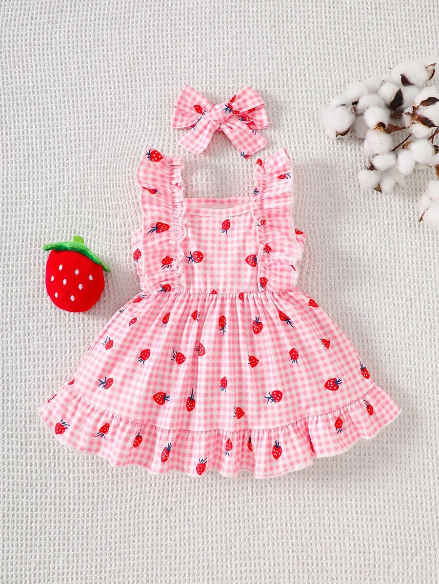 2PCS Baby Strawberry Plaid Dress and Bow Headband Set for Cute Spring and Summer Outings