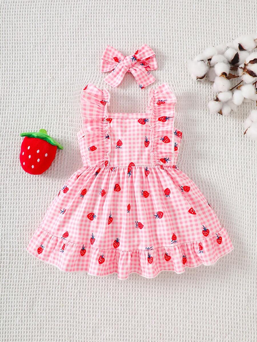 2PCS Baby Strawberry Plaid Dress and Bow Headband Set for Cute Spring and Summer Outings