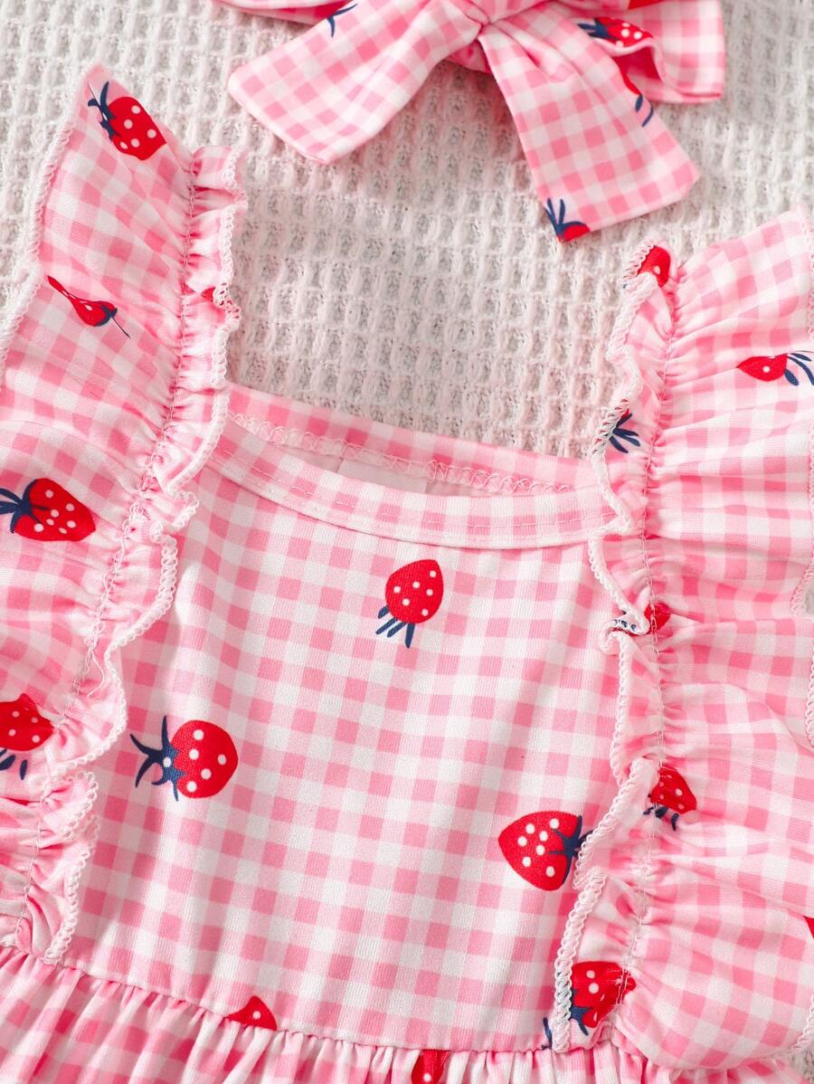2PCS Baby Strawberry Plaid Dress and Bow Headband Set for Cute Spring and Summer Outings