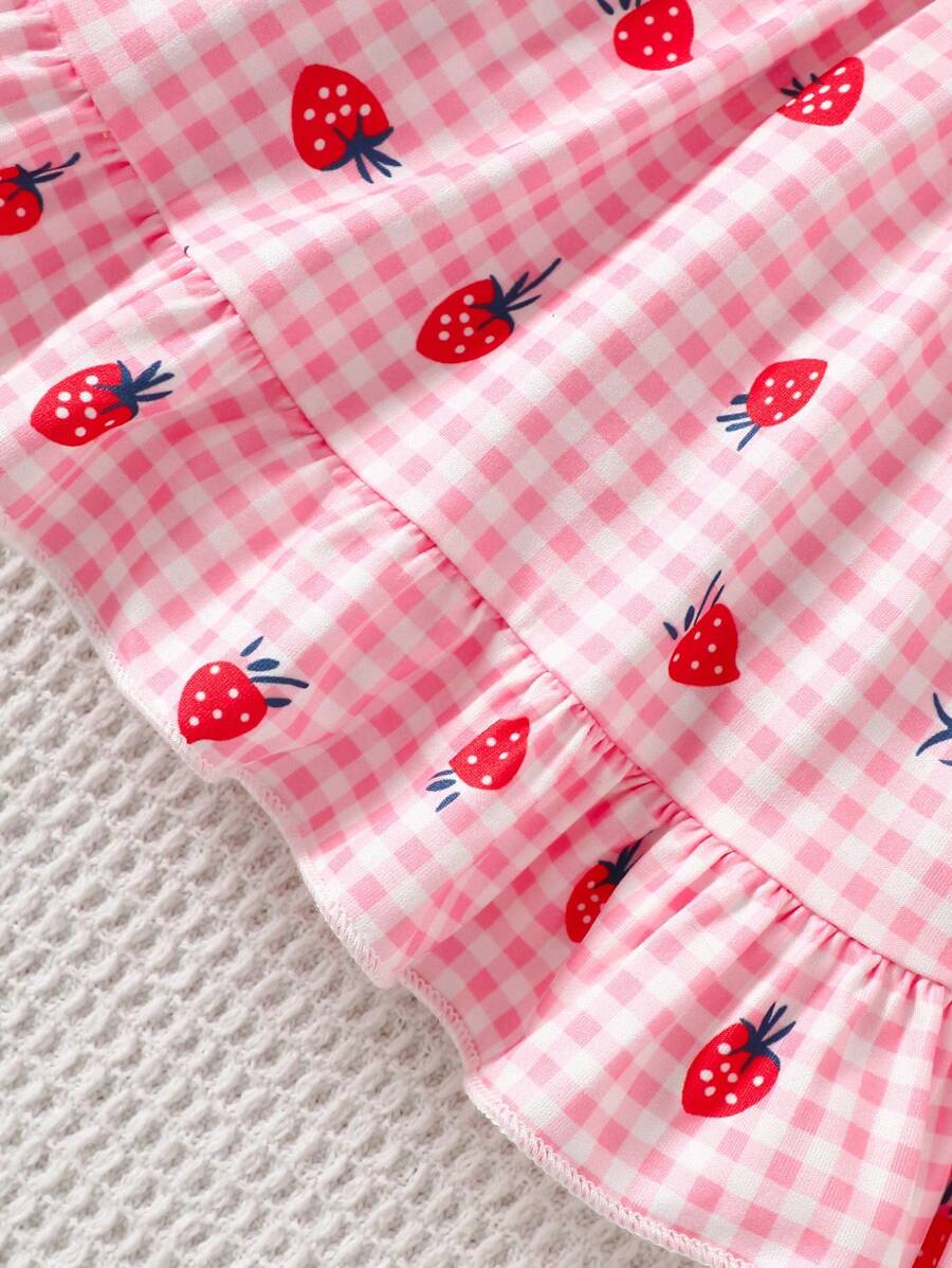 2PCS Baby Strawberry Plaid Dress and Bow Headband Set for Cute Spring and Summer Outings